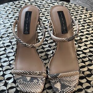Steve Madden Snake-Print Strappy Heels in Beige and Black